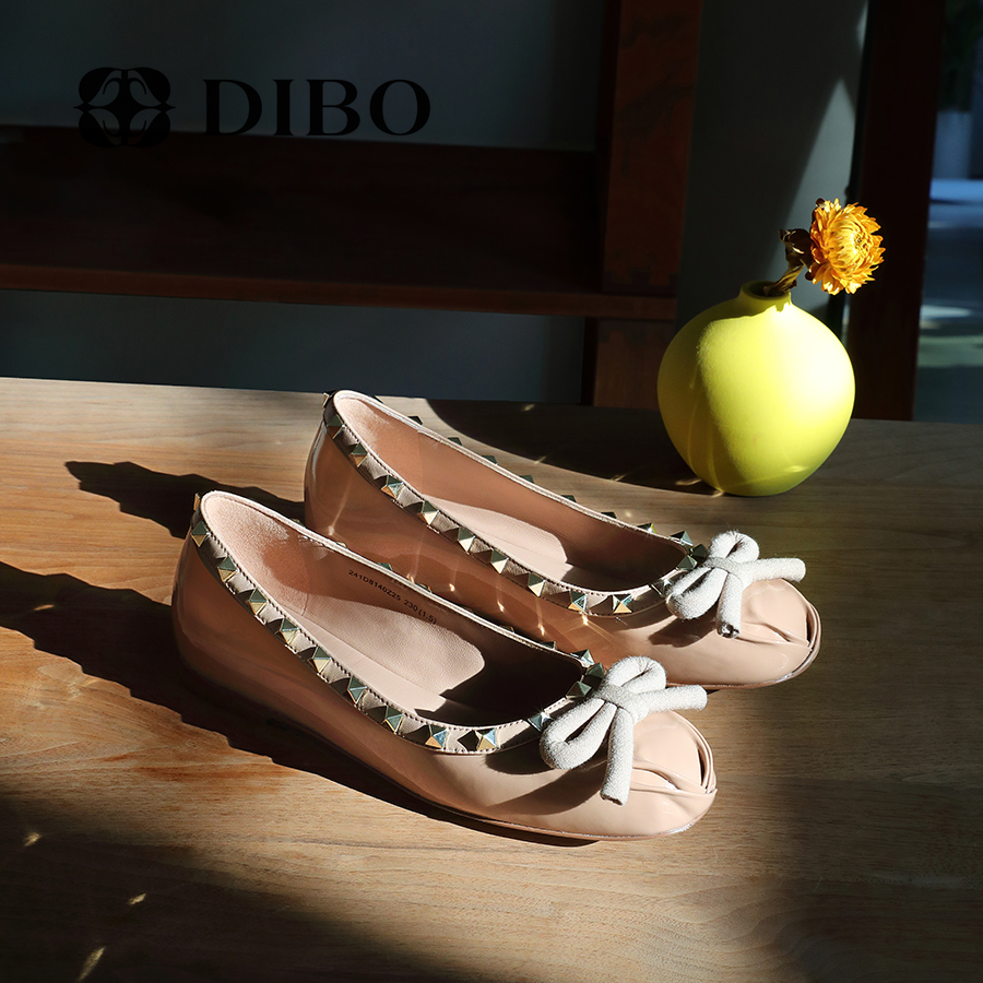 dibo碲铂2024春款女鞋牛皮圆头时尚铆钉性感蝴蝶结平底浅口女单鞋