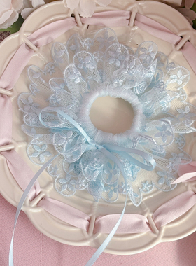 蓝色芭蕾风多层蕾丝重工花朵花环发圈丸子头发圈