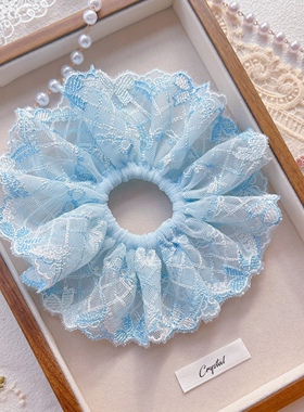 蓝色蝴蝶结刺绣可爱发圈大肠发圈可爱手工蝴蝶蕾丝发圈