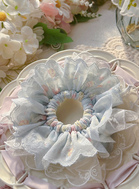 蓝色玉桂小狗可爱双层蕾丝重工花朵花环发圈丸子头发圈