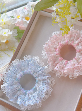 粉色紫色双层蝴蝶结大肠发圈蕾丝裙摆可爱手工蕾丝发圈丸子头发圈