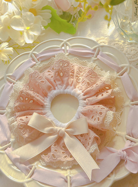 奶黄色蝴蝶结复古碎花宫廷风双层蕾丝重工花朵花环发圈丸子头发圈