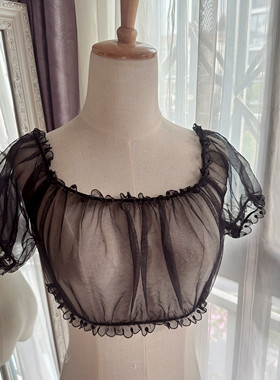 手作黑色夏日lolita内搭透明泡泡袖露肩短款蕾丝衫打底衫