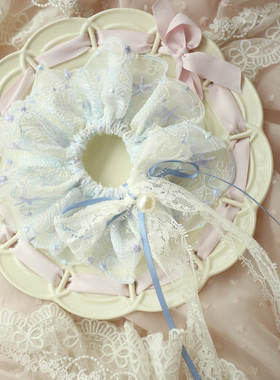 原创自制贝壳刺绣蕾丝发圈蓝色紫色粉黄色飘带花边大肠发圈发饰