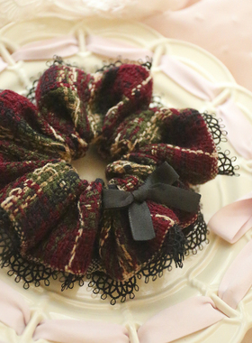 074复古黑色蝴蝶结蕾丝大肠发圈碎花手工针织格纹发圈发饰甜美