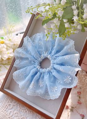 蓝色雪纺花朵精致蕾丝裙摆可爱手工蝴蝶蕾丝发圈丸子头发圈