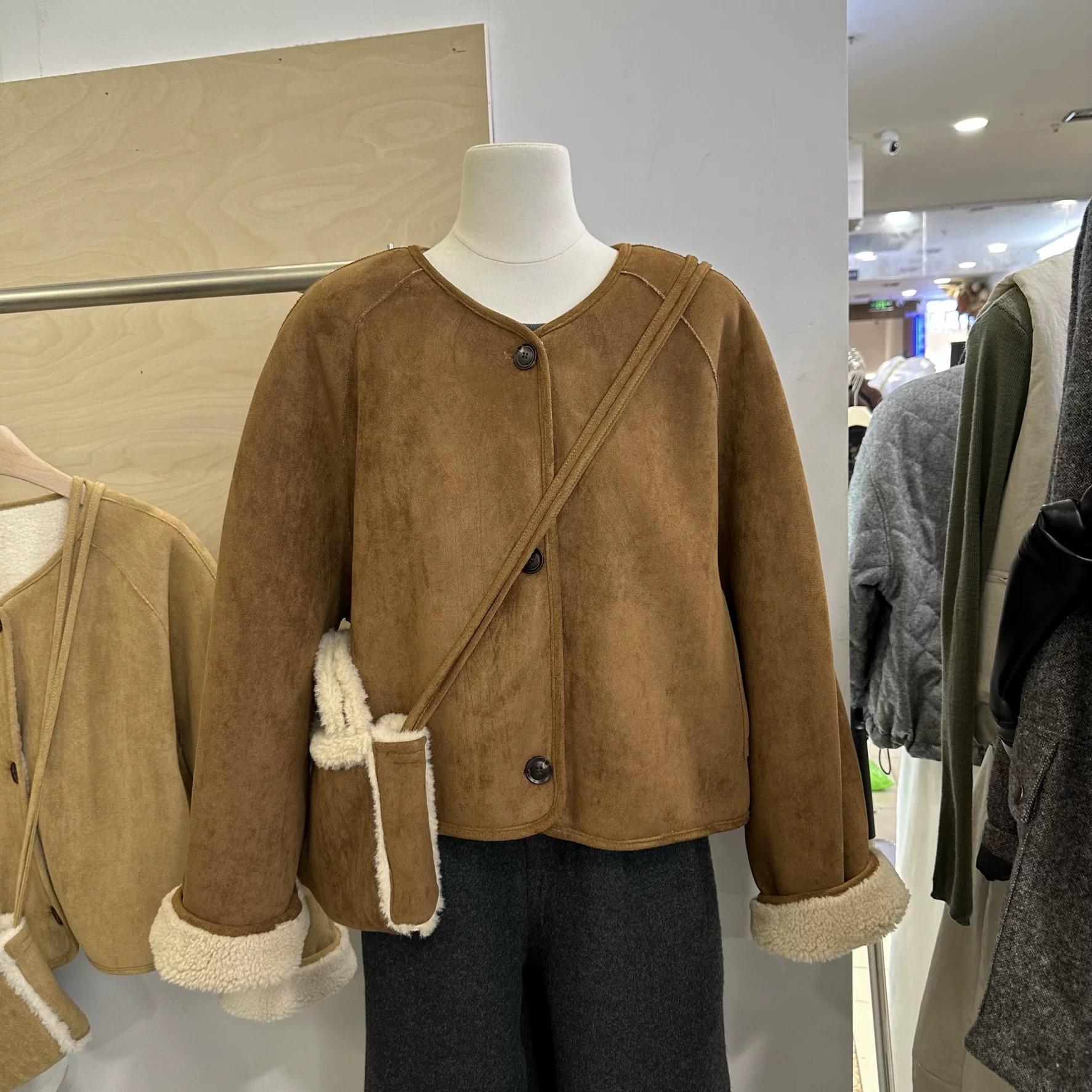 韩系麂皮绒配包短款外套仿羊羔绒外套软糯小个子皮毛一体上衣夹克