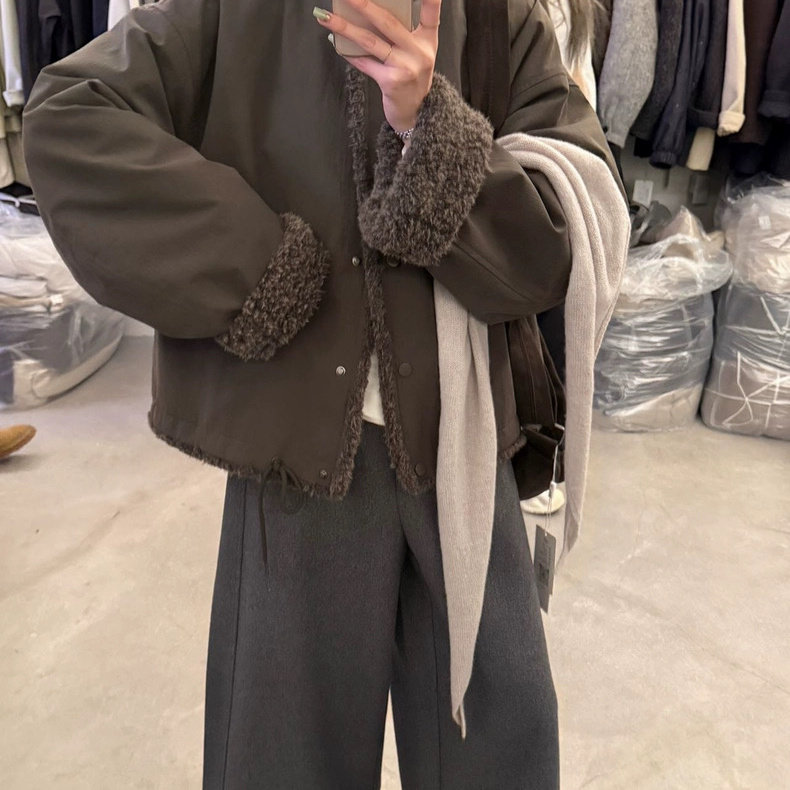 韩版宽松短款毛绒拼接夹棉外套