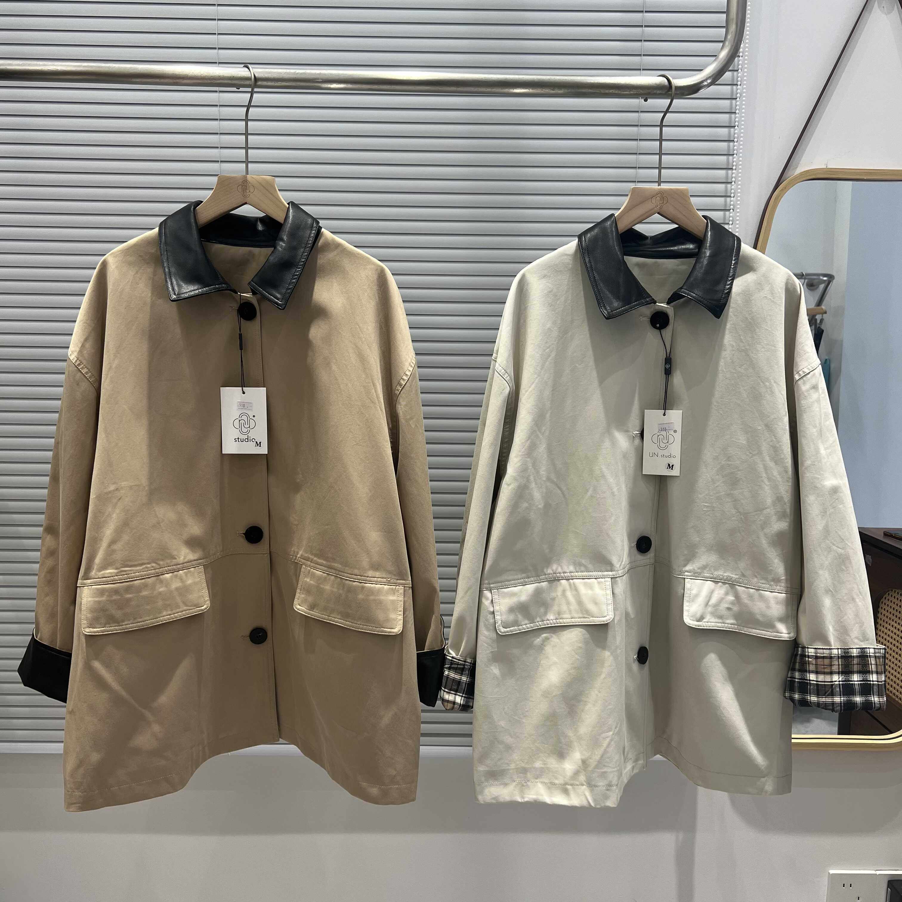 欧货2024秋季新款真皮领拼接风衣女中长款宽松显瘦气质风衣外套