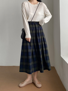 25秋季新款韩系绿色格子女士半裙显瘦百搭松紧腰有口袋伞裙格子裙