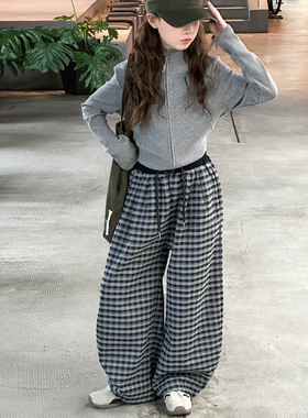 【亲子装】女童春秋款灰色开衫上衣弯刀格子裤中大童秋季休闲套装