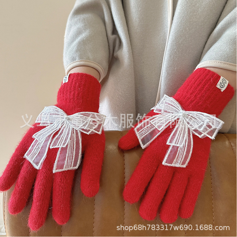 蝴蝶结保暖手套兔毛分指手套女士