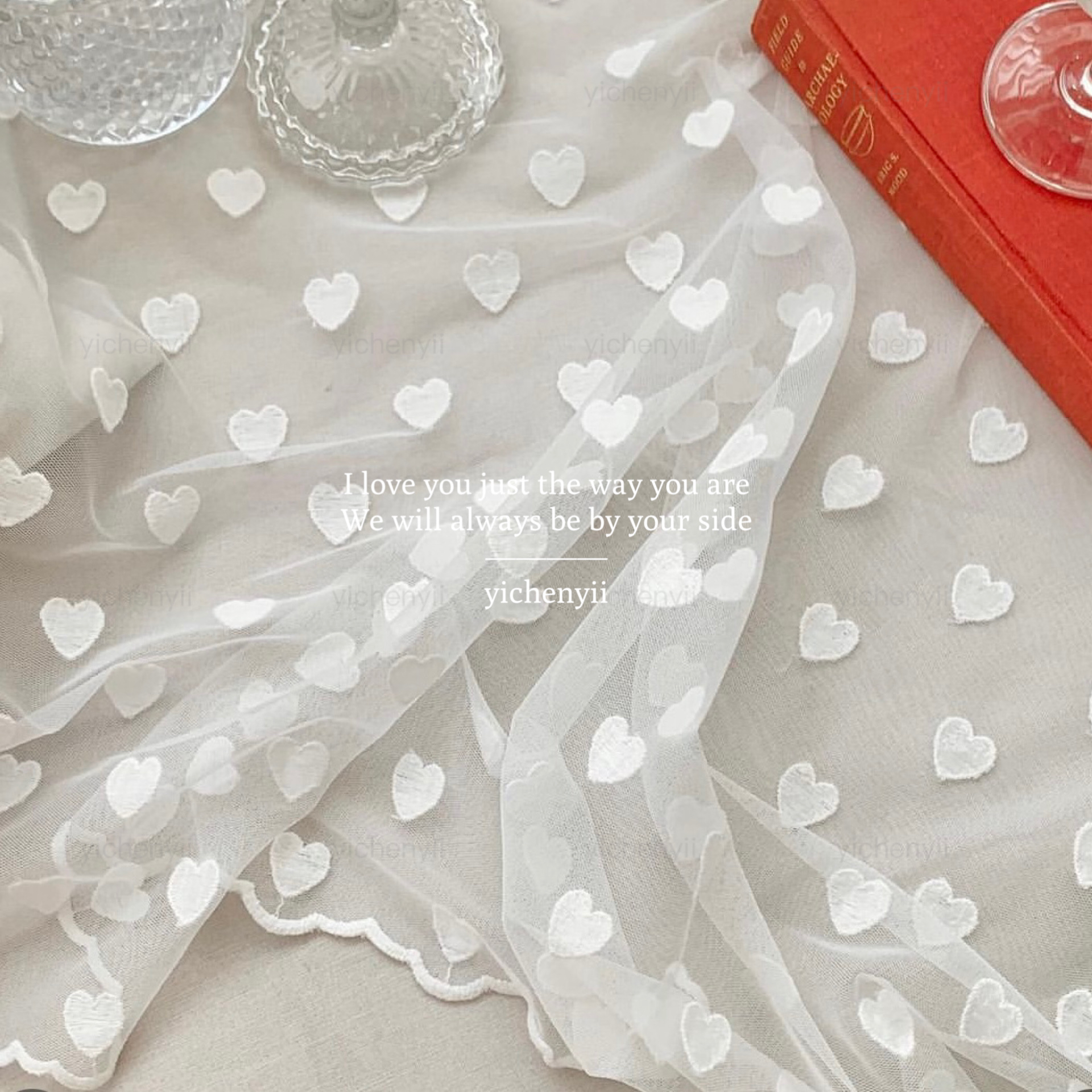 yichenyii韩国代购进口面料ins风爱心刺绣蕾丝网纱花边提花布料