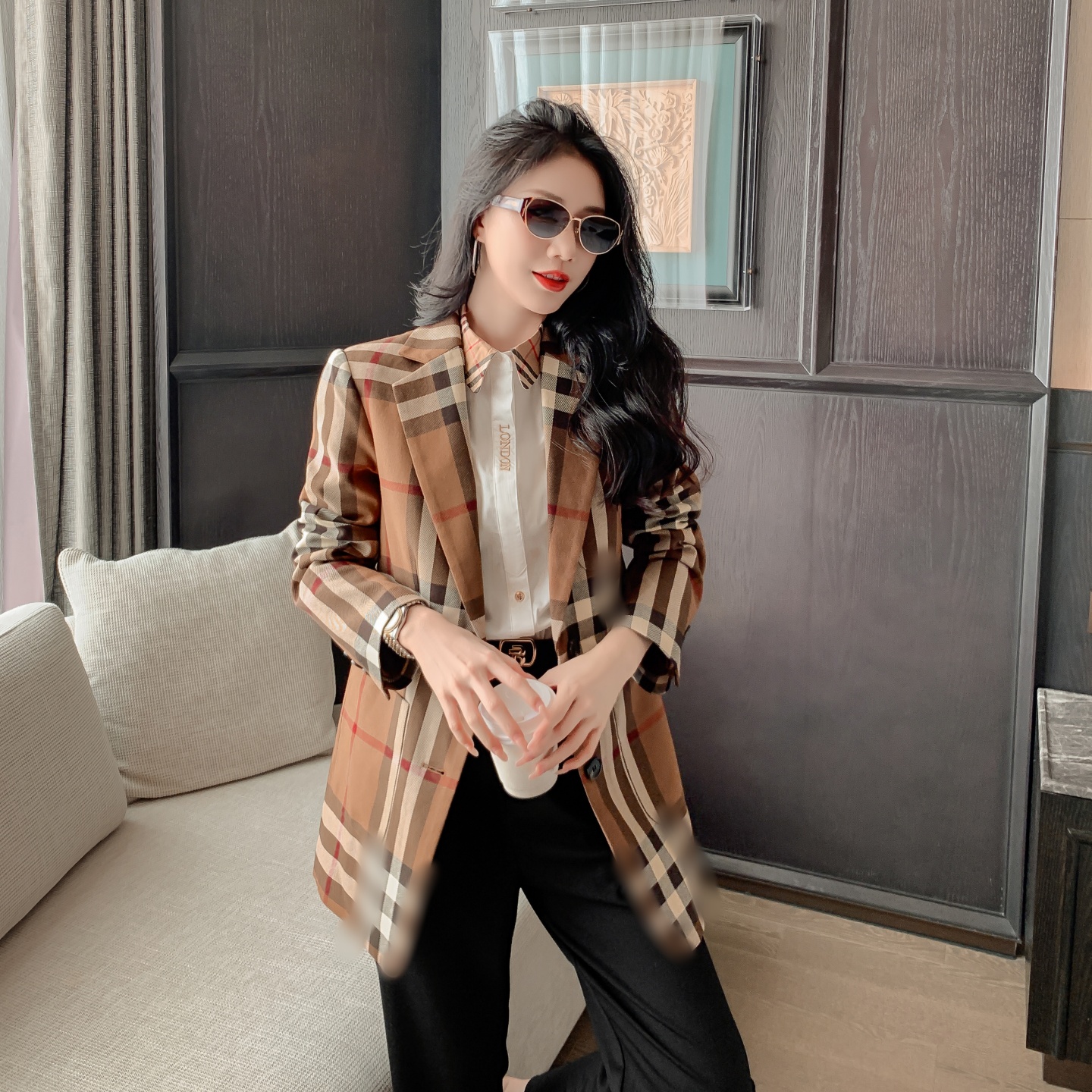 欧美高端格子方格女休闲西装洋服