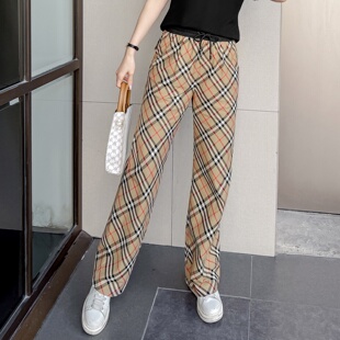 宽松显瘦BIABETTY正品 女高腰松紧腰格子休闲裤 纹阔腿裤 英伦风格
