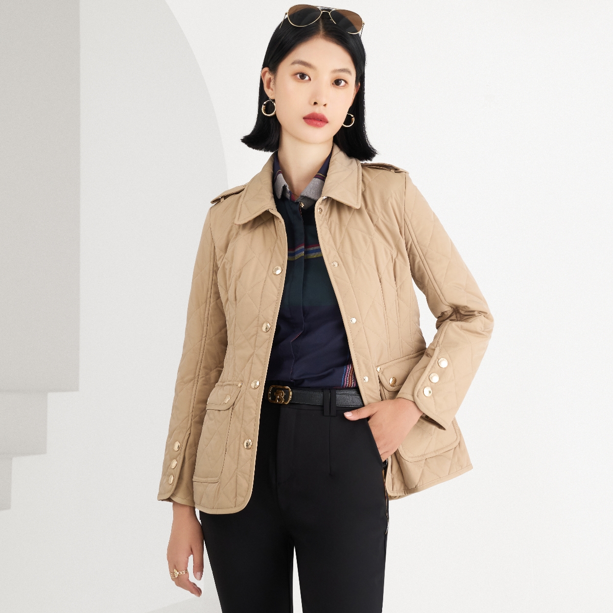 BIABETTY高端女装外套欧美大牌菱格棉服BUSHBURY欧美英伦专柜正品