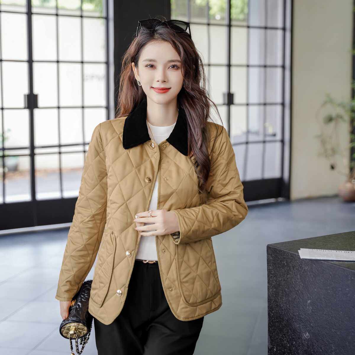 英伦风轻薄棉保暖菱形格纹女装黄金棉服外套BIABETTY欧美专柜正品