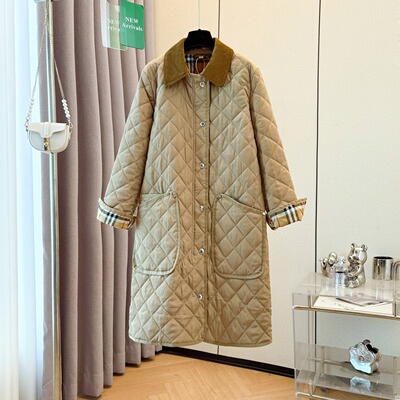 高端英伦老钱风长款保暖菱格棉服