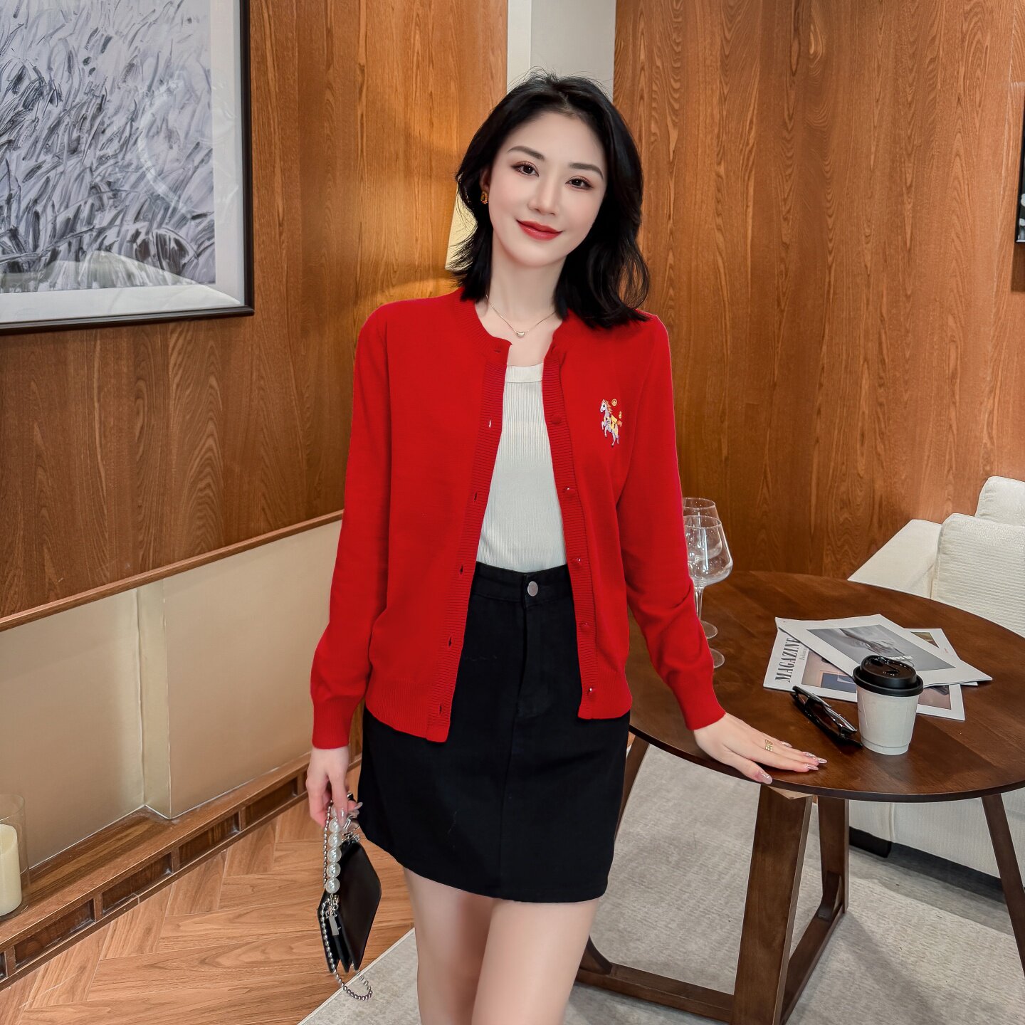 新款高端春秋红色羊毛衫外套开衫