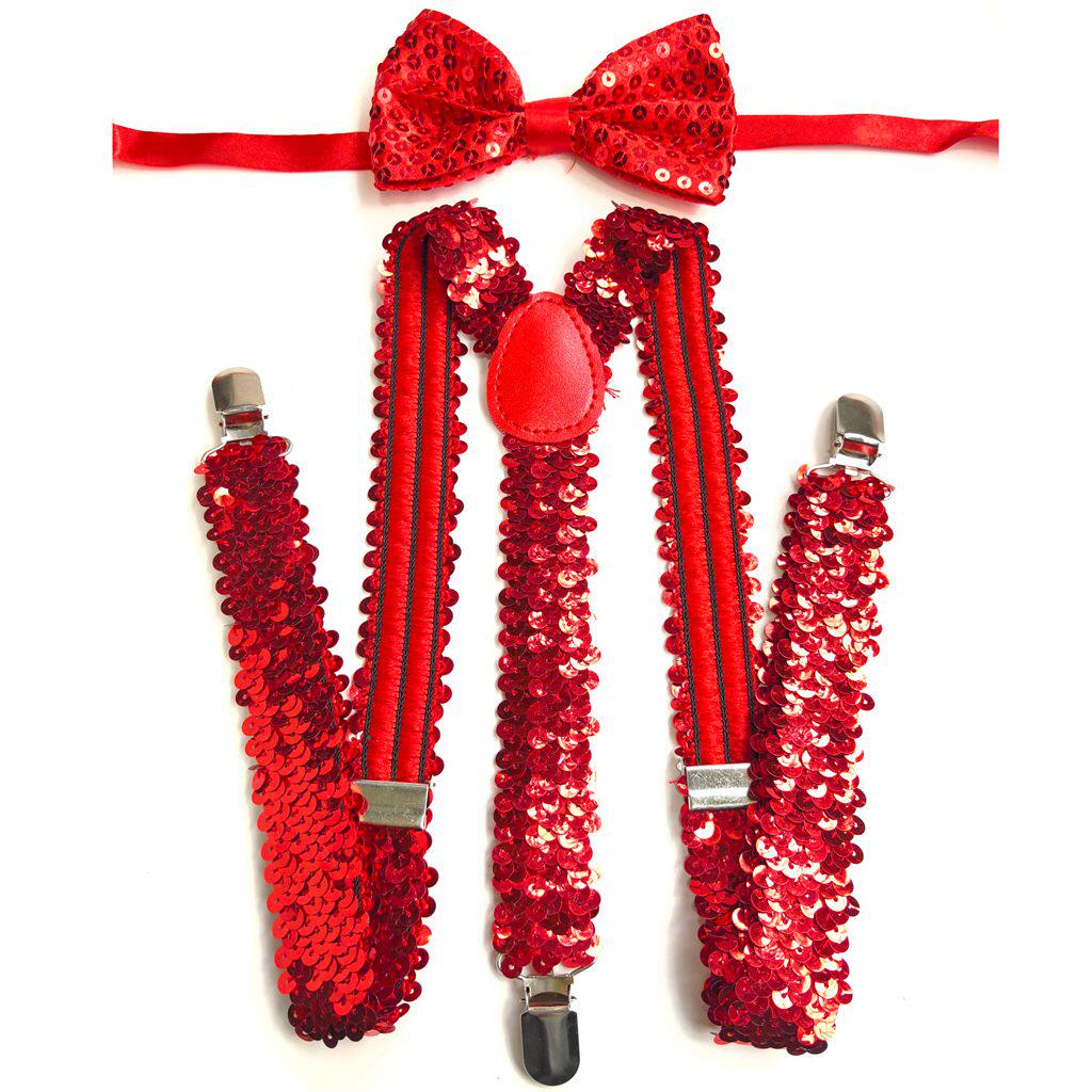 带尚帅红色亮片背带领结男女通用韩版演出伴郎松紧弹力吊裤带套装