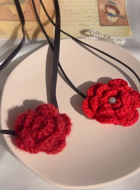 秋冬新款酒红色毛线花朵长款绑带项圈颈带choker少女个性气质项链