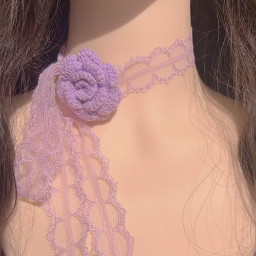 原创设计超仙气紫色毛线花朵蕾丝花边长款飘带项圈颈带choker项链