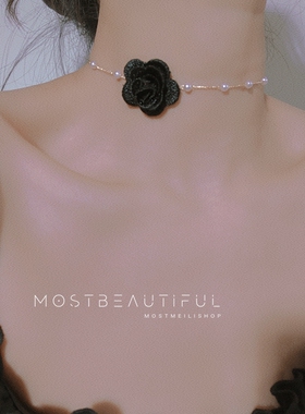 复古黑色小花珍珠锁骨链choker