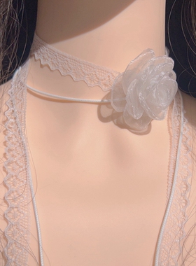 超仙气纯欲风白色蕾丝花朵双层叠戴长款飘带项圈颈带choker项链