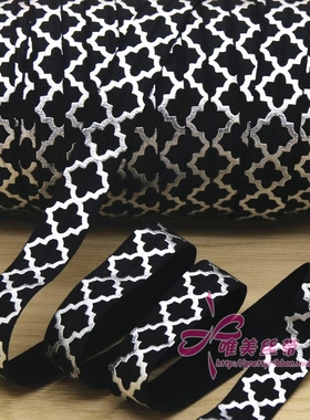 黑色烫银花纹 发饰发带蝴蝶结DIY卡通印刷FOE弹力包边带