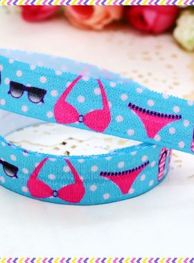 蓝色圆点夏天 发饰发带蝴蝶结DIY卡通印刷FOE弹力包边带