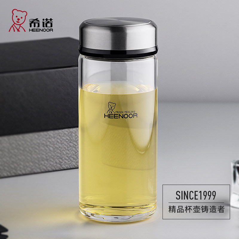 希诺单层玻璃杯加厚便携个性杯子男女不锈钢盖大容量泡茶简约水杯