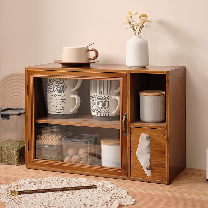 桌上置物架桌面化妆品收纳盒杯子收纳置物架复古收纳柜茶具展示架