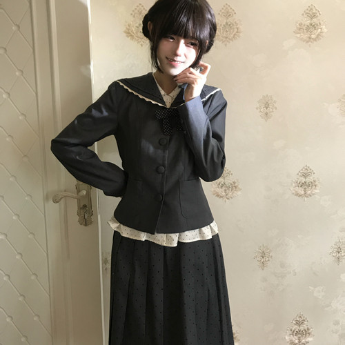 夏日和风铃  银砂糖 原创设计水手领波点学院千金风蕾丝套装