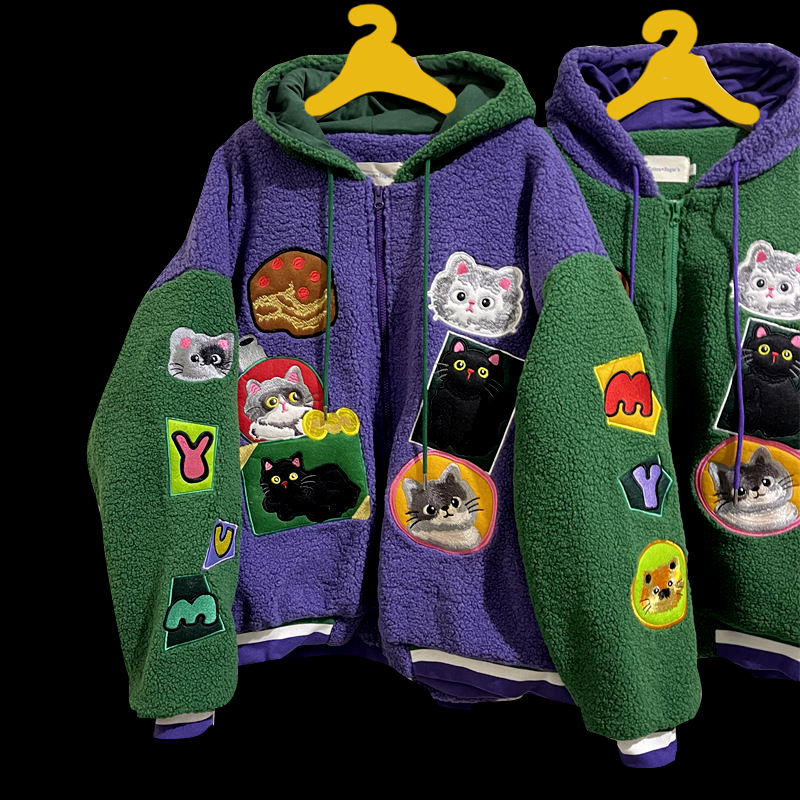 童趣风宽松刺绣棒球棉衣