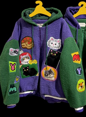 日系古着感重工刺绣连帽夹棉撞色棒球服加厚毛毛上衣大衣情侣款