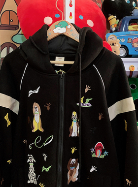 日系软妹童趣重工小狗刺绣加绒连帽黑色棒球服夹克外套女卫衣春秋