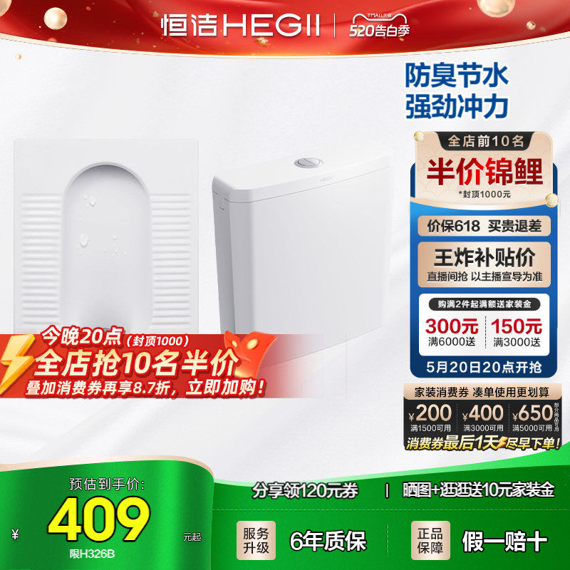 HEGII/恒洁蹲便器卫生间防臭陶瓷蹲厕便池水箱临时马桶家用蹲坑