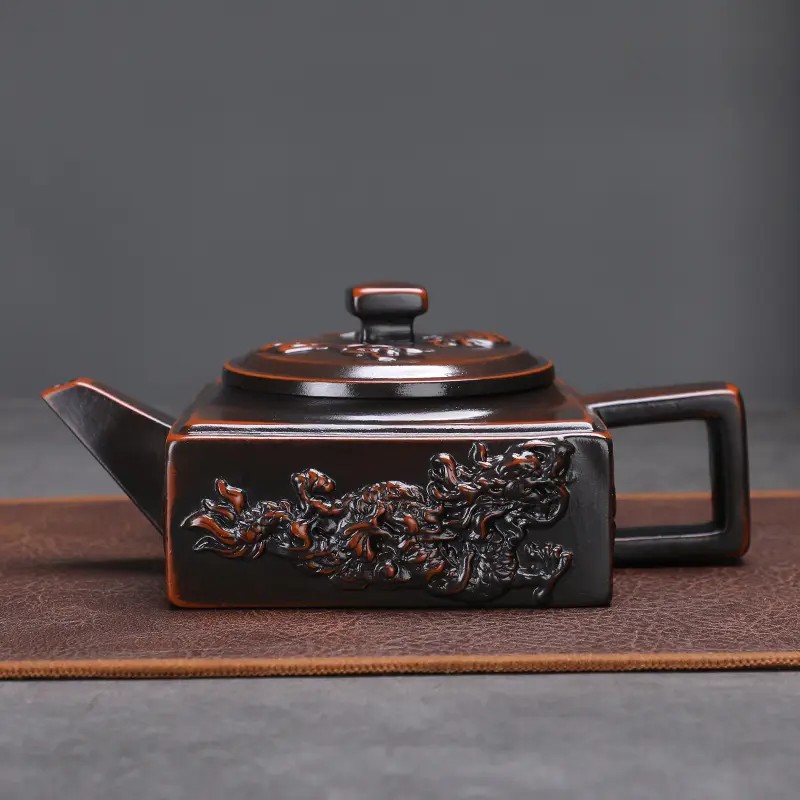 手工紫陶中式浮雕泡茶壶复古四方龙壶凤鸣壶大容量家用大号紫砂壶