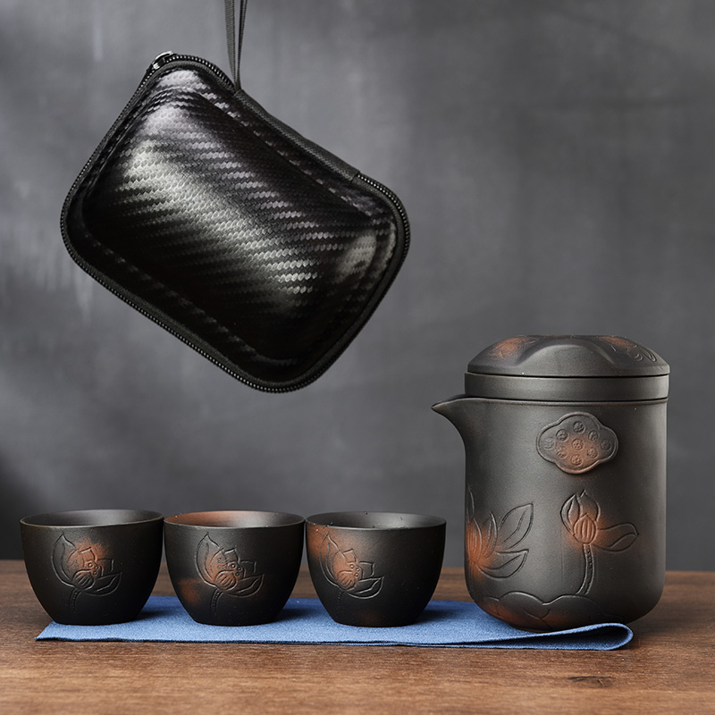 紫陶旅行茶具套装便携包户外快客杯陶瓷泡茶杯一壶三杯茶水分离杯