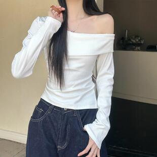 蓝色一字肩打底毛衣针织衫女秋冬新款修身显瘦内搭短款长袖上衣潮