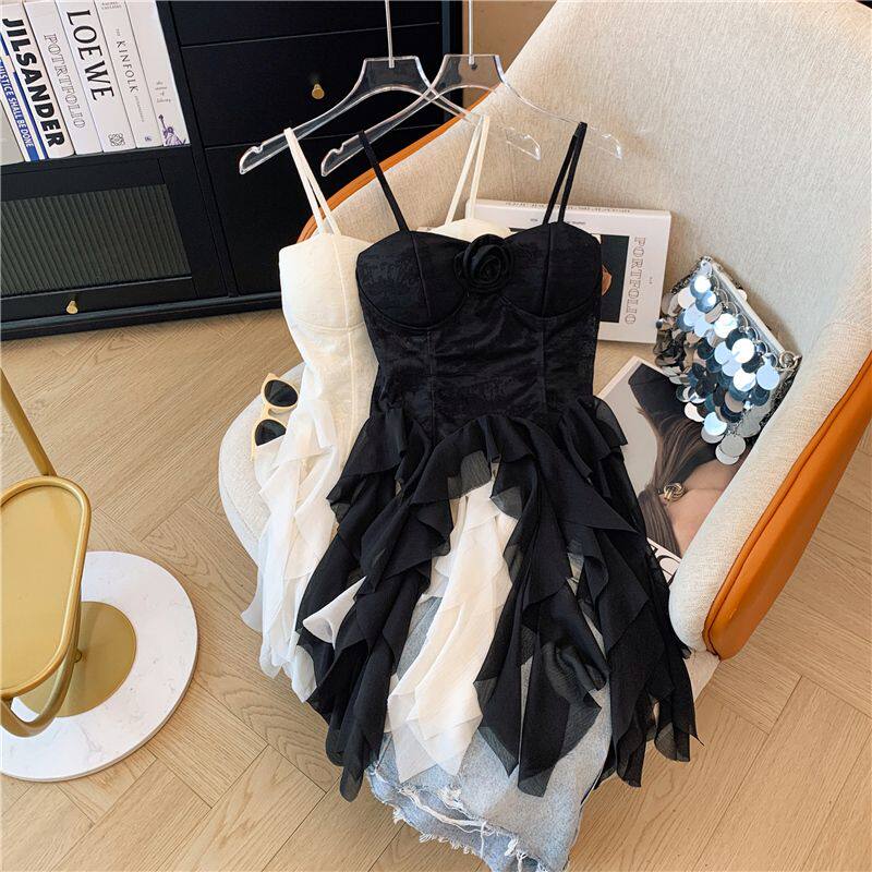 立体花朵蕾丝拼接带胸垫吊带背心法式提花不规则荷叶边上衣ins潮