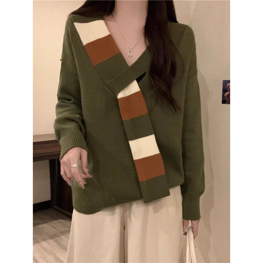 2025美式小众秋冬季新款韩版慵懒风撞色百搭时尚休闲V领毛衣ins潮