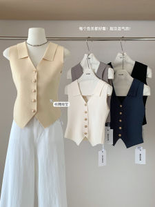 小香风v领无袖针织马甲背心女夏季新款纯欲风修身打底翻领上衣潮