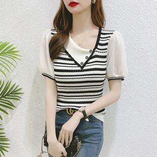 美式夏季新款冰丝针织衫女短袖夏装条纹打底衫斜领T恤修身上衣薄