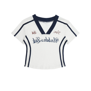 纯欲风正肩V领显瘦短袖 上衣ins女 T恤女辣妹露脐显瘦减龄休闲短款