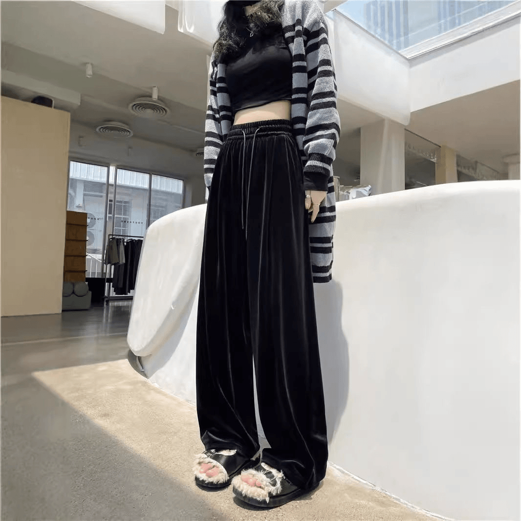 金丝绒裤子女秋季新款垂感时尚宽松遮肚显瘦直筒系带纯色百搭长裤