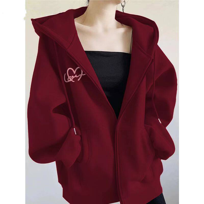 小众拉链连帽卫衣外套女秋冬款2025新款美式爱心印花慵懒宽松上衣