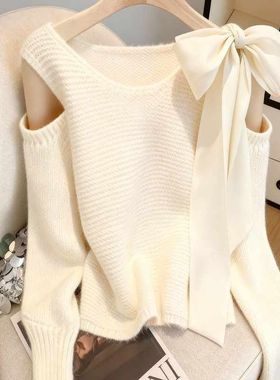 法式系带蝴蝶结针织衫女2026春秋新款甜美减龄露肩小众毛衣ins潮