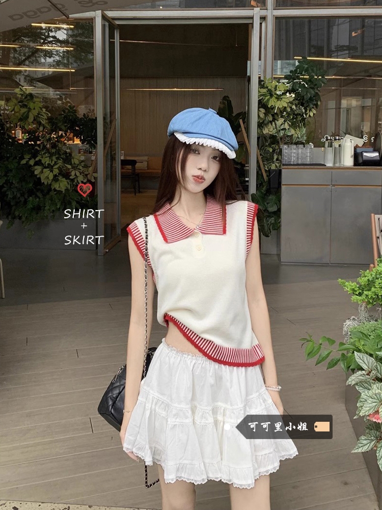甜美红色条纹polo领针织衫女夏季设计感小众薄款无袖修身短款上衣
