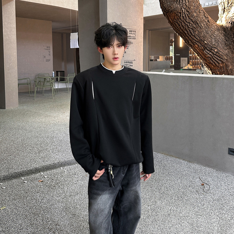 C75重磅垫肩设计感小众长袖T恤男秋季韩版假两件卫衣男P48黑色,男装T恤,星座404A